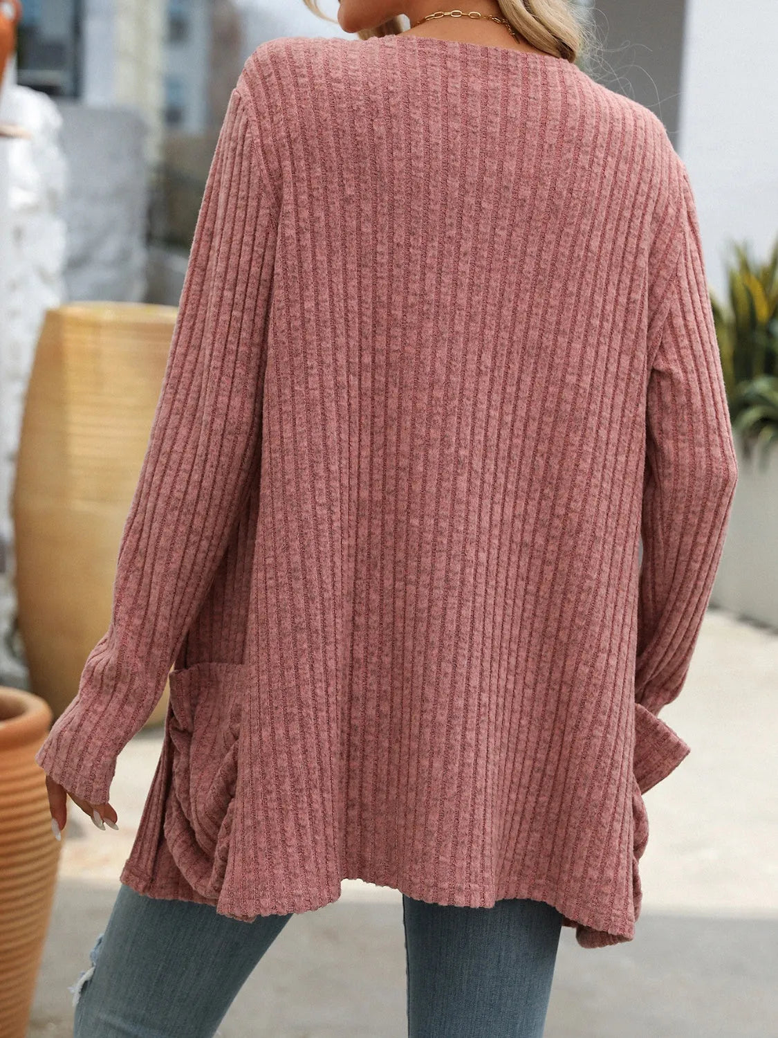 Open Front Long Sleeve Ribbed Cardigan - Wellen Fashion