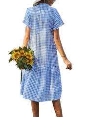 Button Up Plaid Short Sleeve Midi Dress - Wellen Fashion