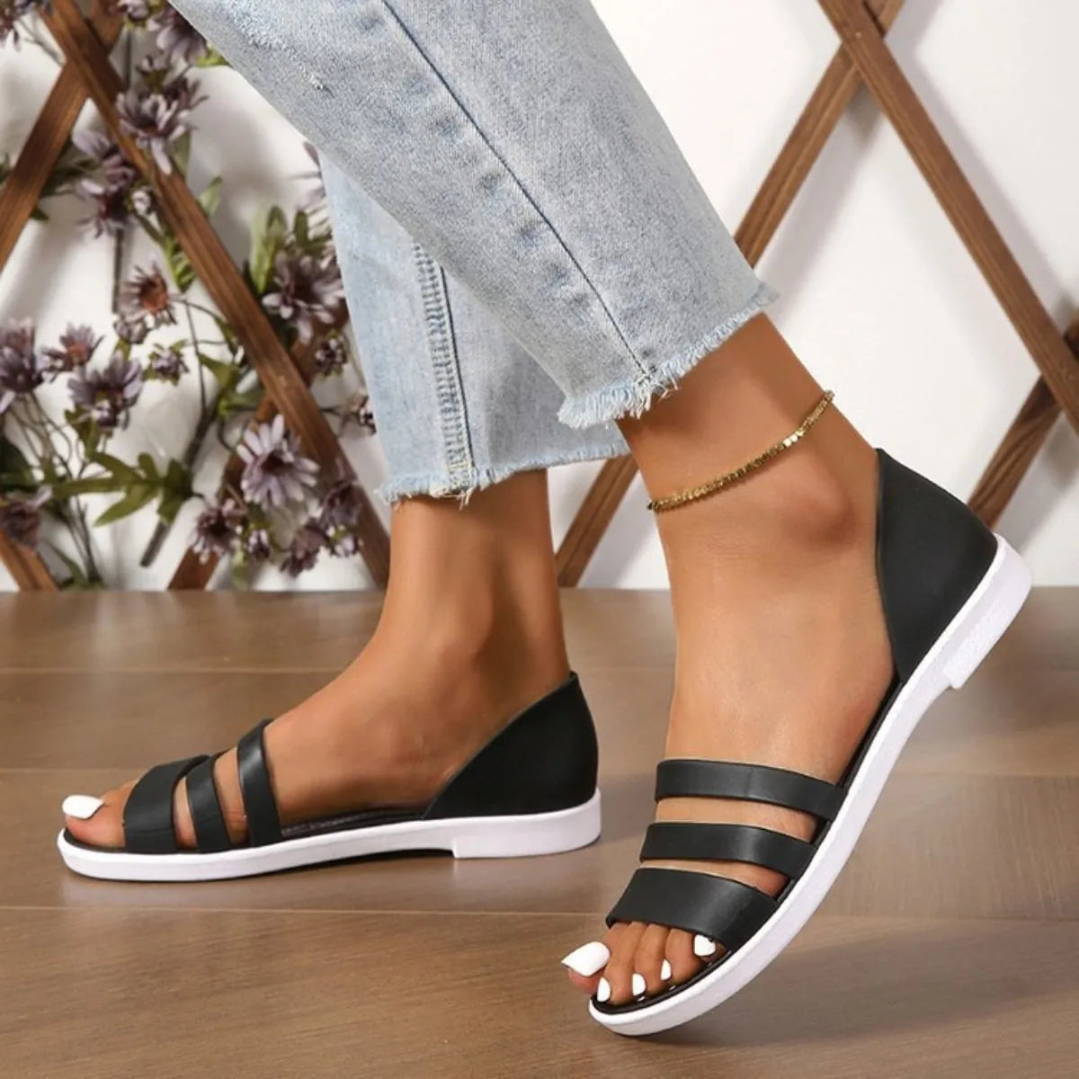 PU Leather Three-Strap Sandals - Wellen Fashion