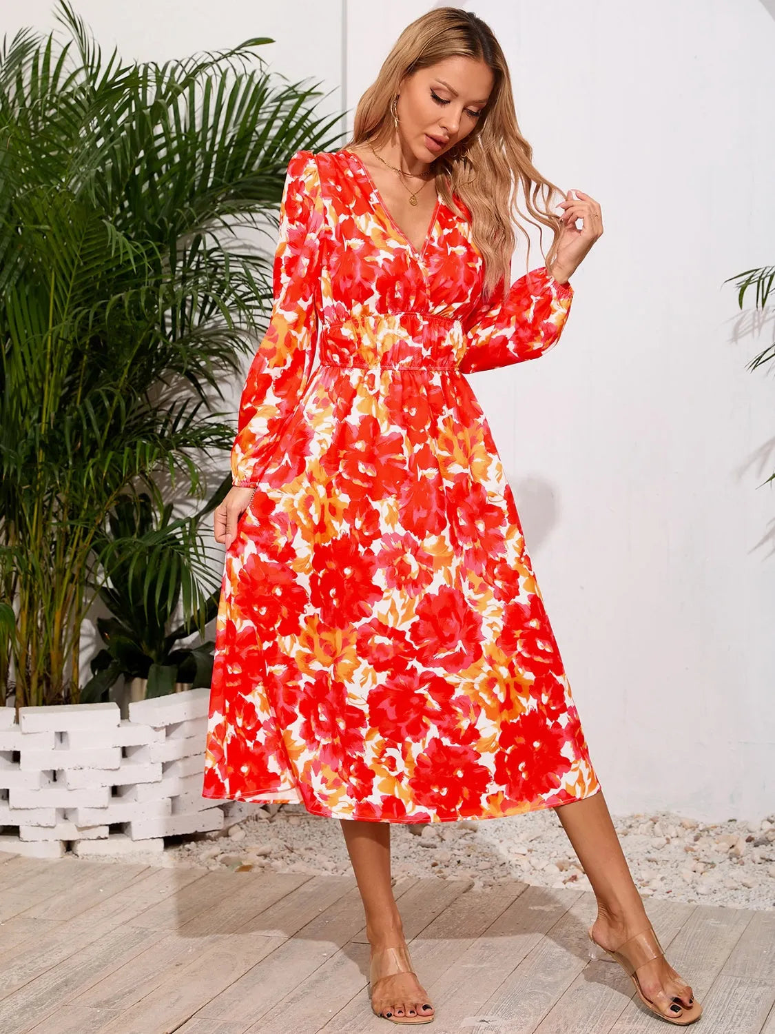 Printed Surplice Long Sleeve Midi Dress - Wellen Fashion