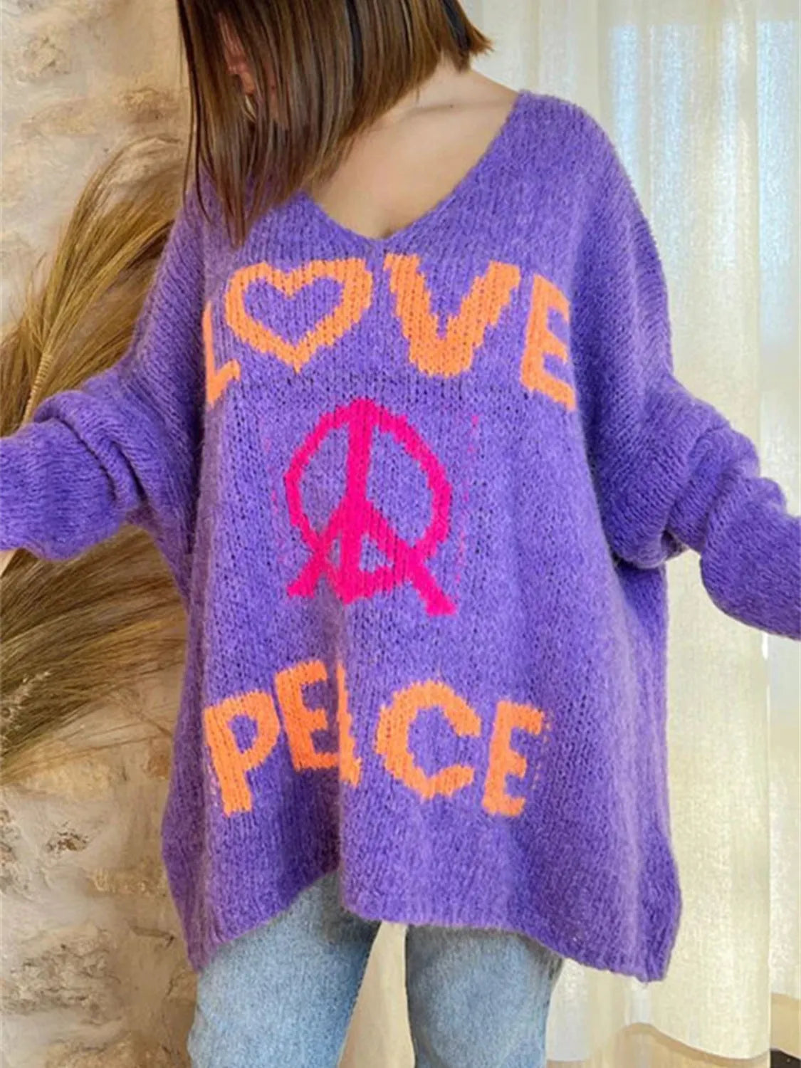 Peace Graphic V-Neck Long Sleeve Sweater - Wellen Fashion