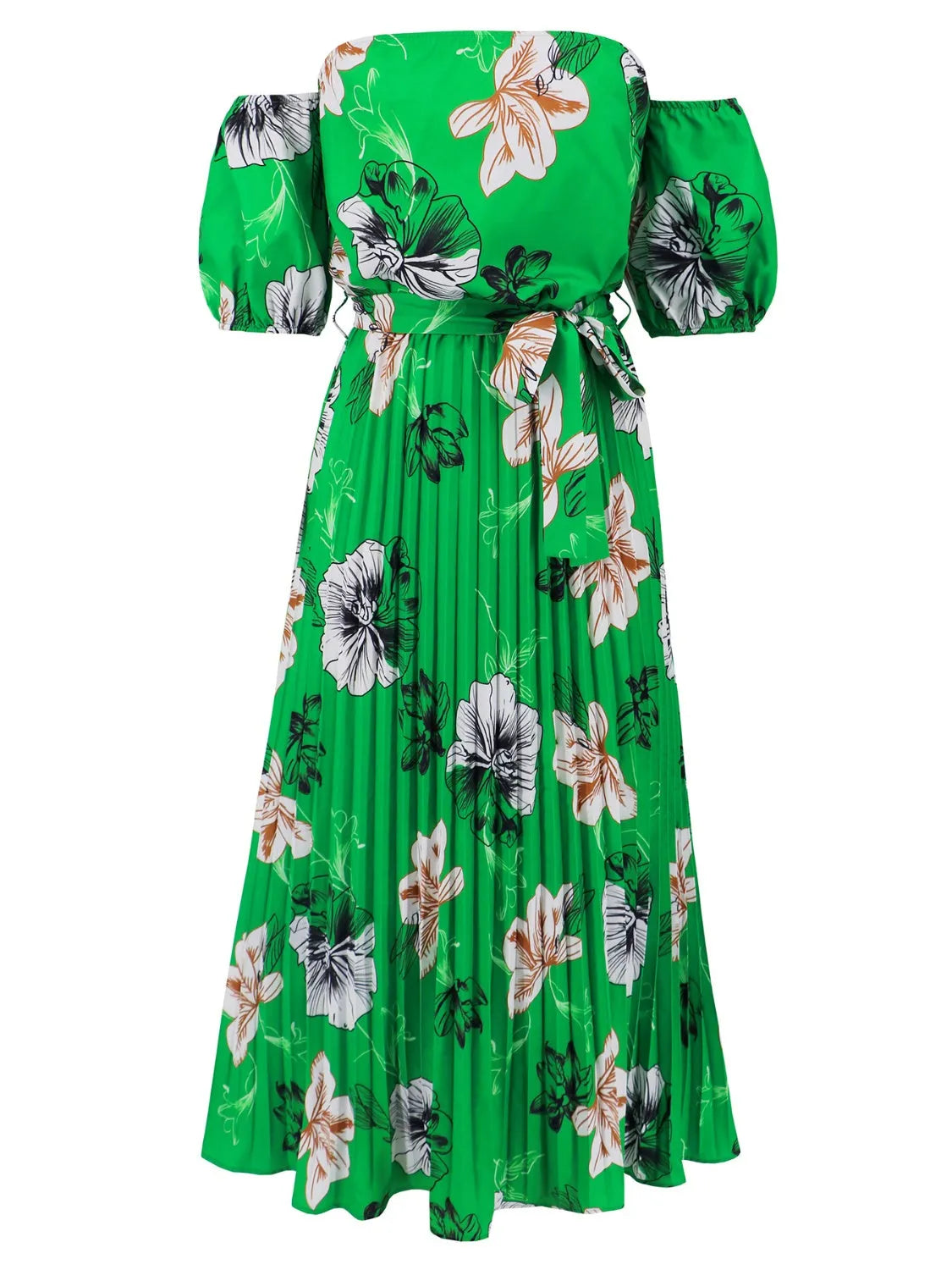 Pleated Floral Off-Shoulder Short Sleeve Midi Dress - Wellen Fashion