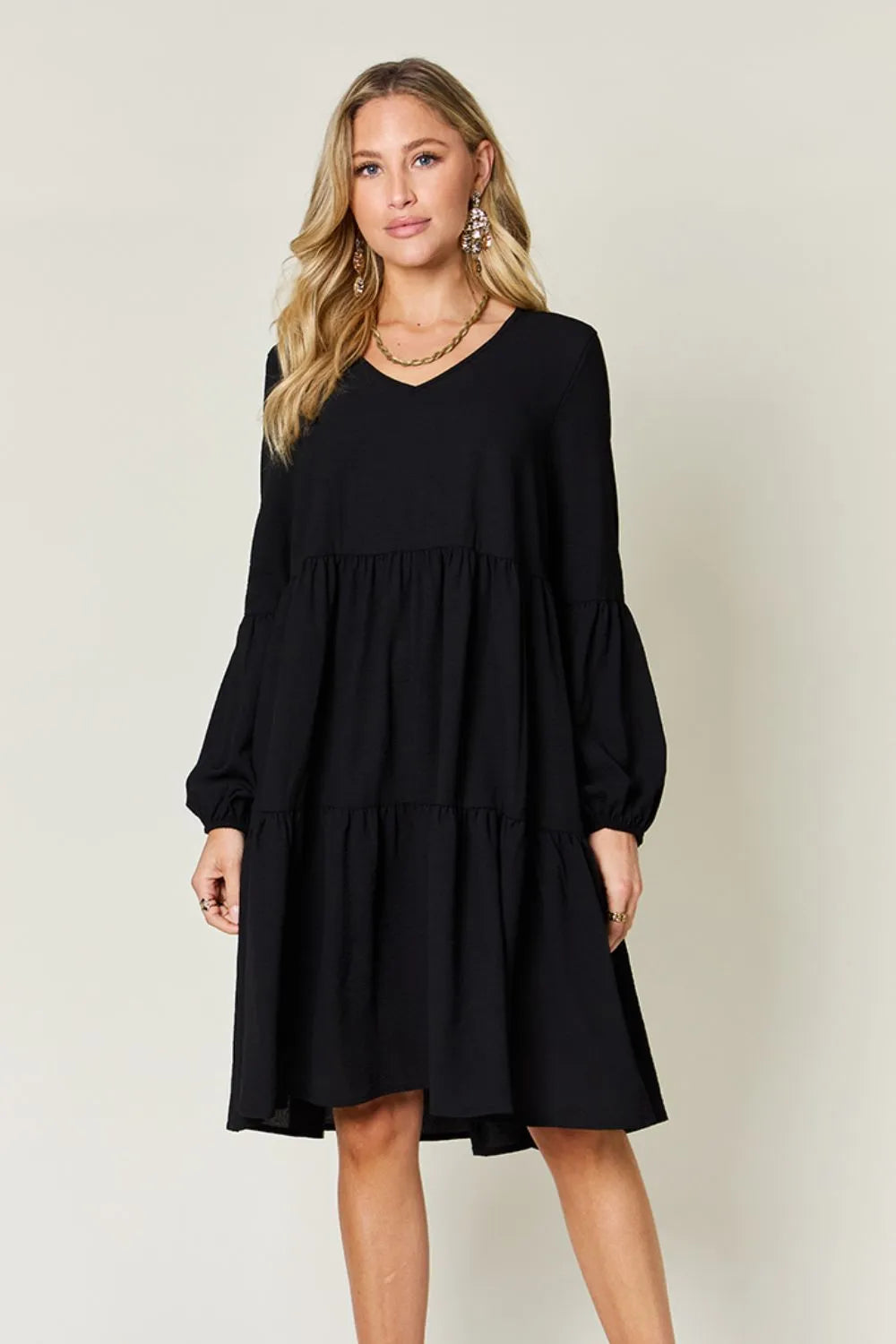 Double Take Full Size V-Neck Balloon Sleeve Tiered Dress with Pockets - Wellen Fashion