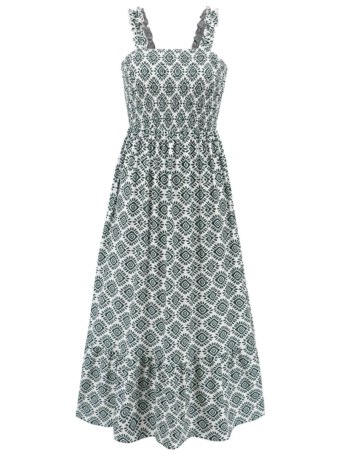 Smocked Printed Square Neck Sleeveless Dress - Wellen Fashion