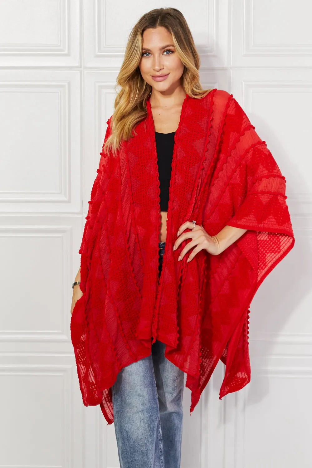 Justin Taylor Pom-Pom Asymmetrical Poncho Cardigan in Red - Wellen Fashion