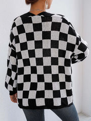 Checkered Open Front Long Sleeve Cardigan - Wellen Fashion