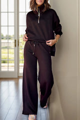 Half Zip Turtleneck Long Sleeve Top and Pants Set - Wellen Fashion