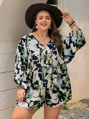 Plus Size Tied Printed Long Sleeve Romper - Wellen Fashion