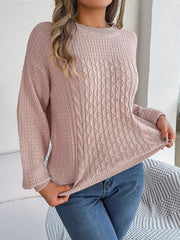 Cable-Knit Round Neck Long Sleeve Sweater - Wellen Fashion