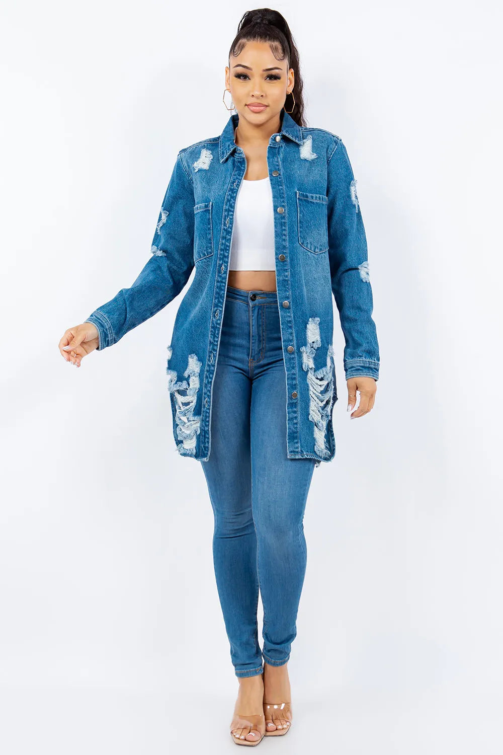 American Bazi Distressed Button Up Long Sleeve Denim Jacket - Wellen Fashion