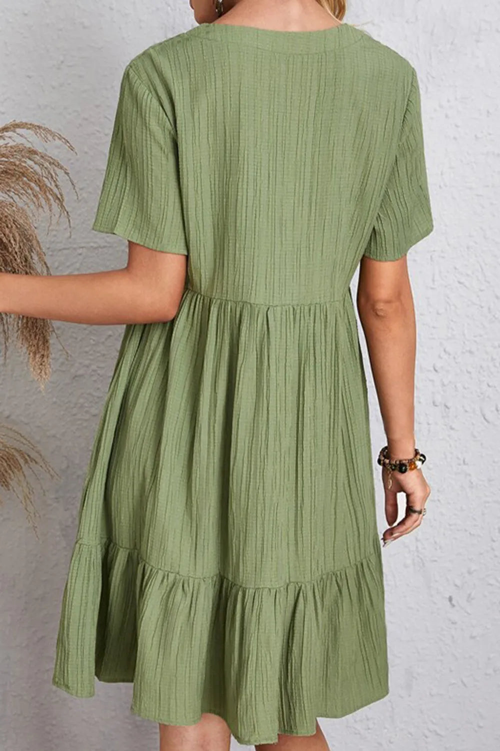 Full Size Ruched V-Neck Short Sleeve Dress - Wellen Fashion