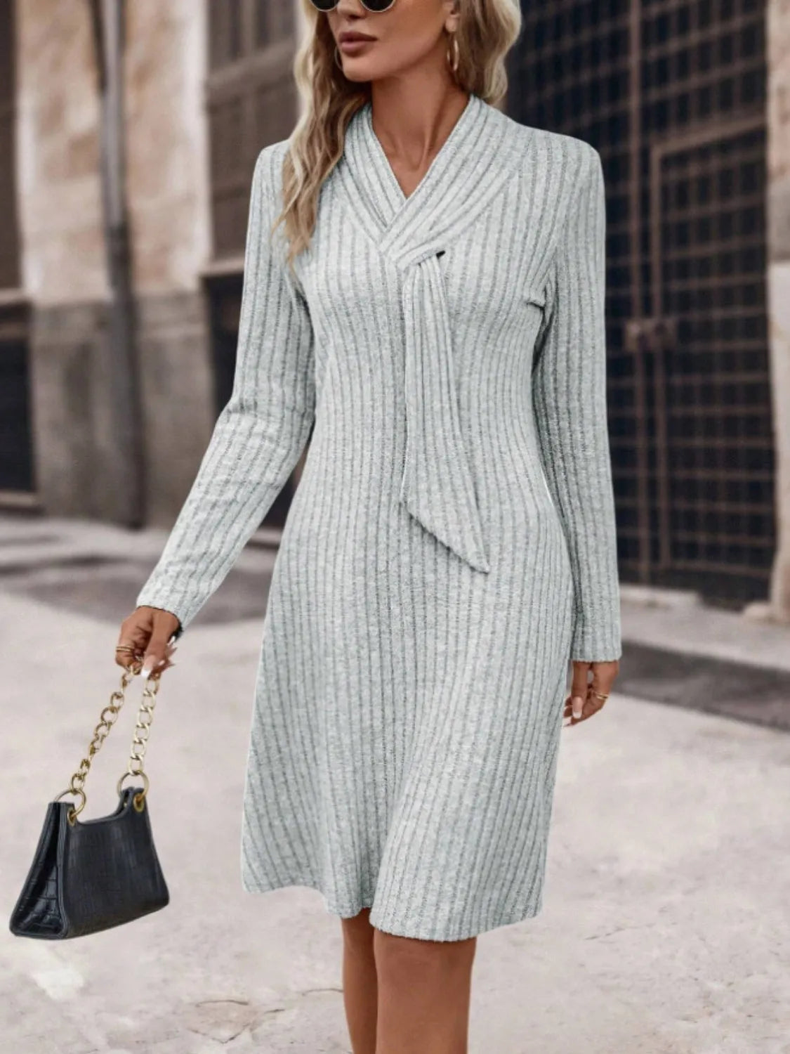 Ribbed Long Sleeve Sweater Dress - Wellen Fashion