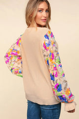 Haptics Floral Sequins Mesh Flounce Sleeve Sweater - Wellen Fashion