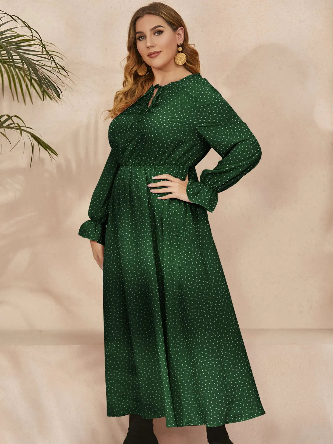 Honey Plus Size Ruffled Polka Dot Long Sleeve Midi Dress - Wellen Fashion