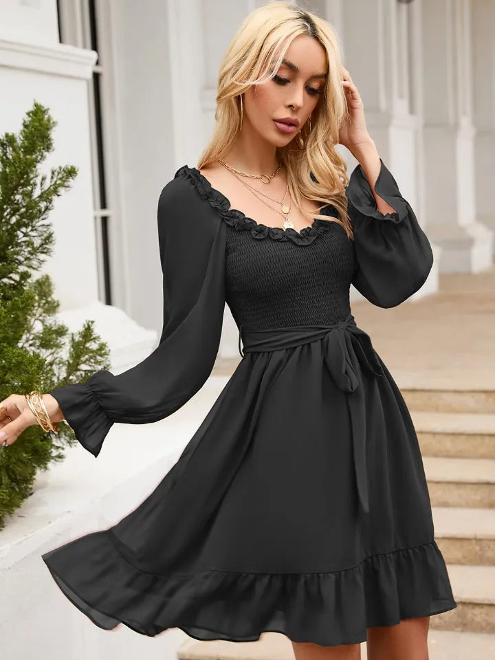 Tie Front Ruffle Hem Smocked Dress - Wellen Fashion