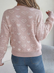 Heart Pattern V-Neck Long Sleeve Sweater - Wellen Fashion