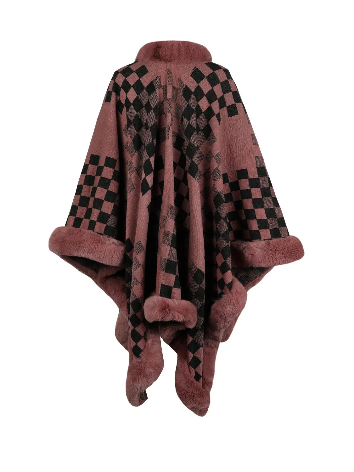 Checkered Faux Fur Trim Poncho - Wellen Fashion