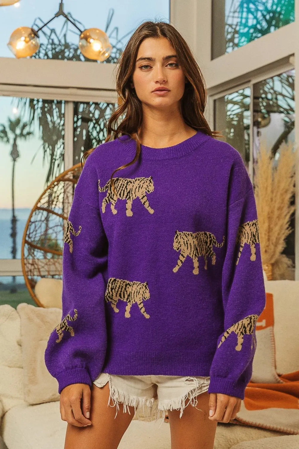 BiBi Tiger Pattern Long Sleeve Sweater - Wellen Fashion