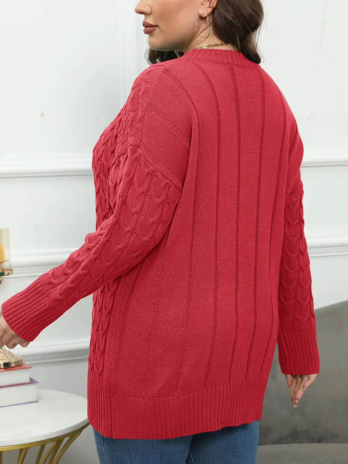 Plus Size Round Neck Long Sleeve Sweater - Wellen Fashion