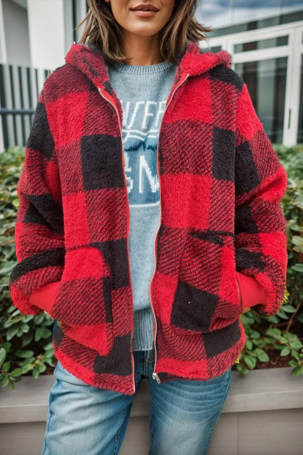 Double Take Full Size Plaid Long Sleeve Hooded Coat - Wellen Fashion