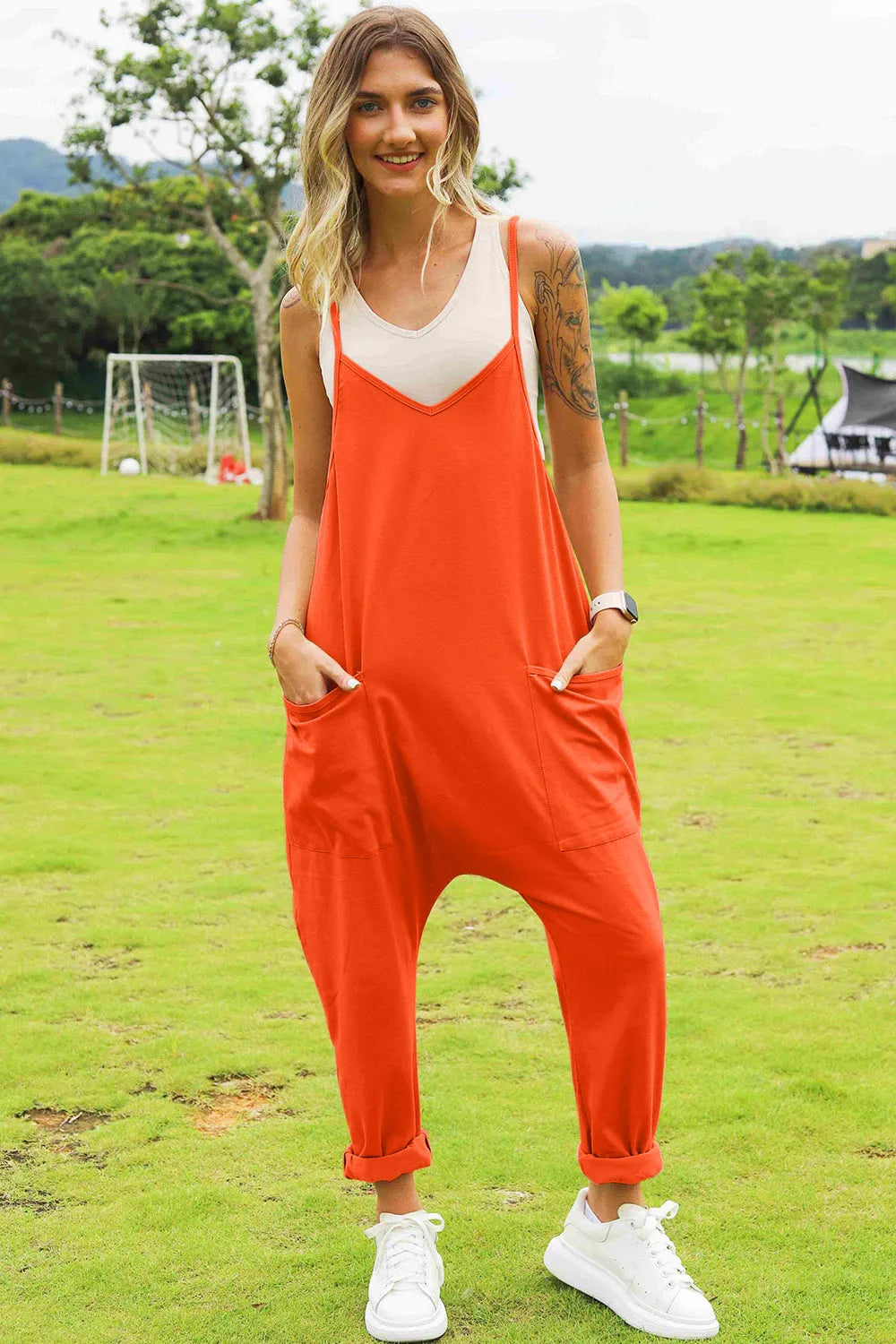 Double Take Full Size Sleeveless V-Neck Pocketed Jumpsuit - Wellen Fashion