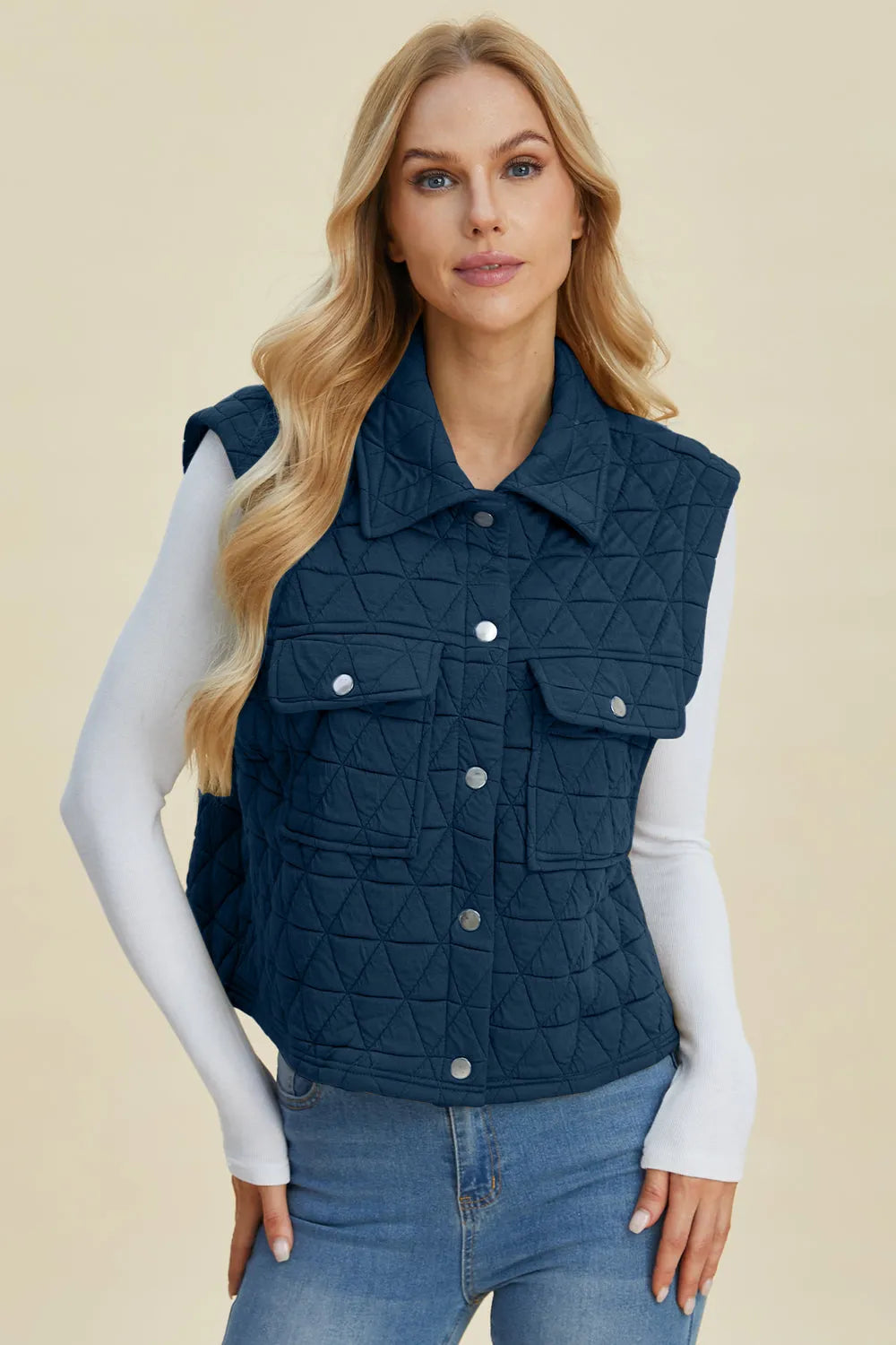 Double Take Full Size Pocketed Texture Snap Down Vest Coat - Wellen Fashion