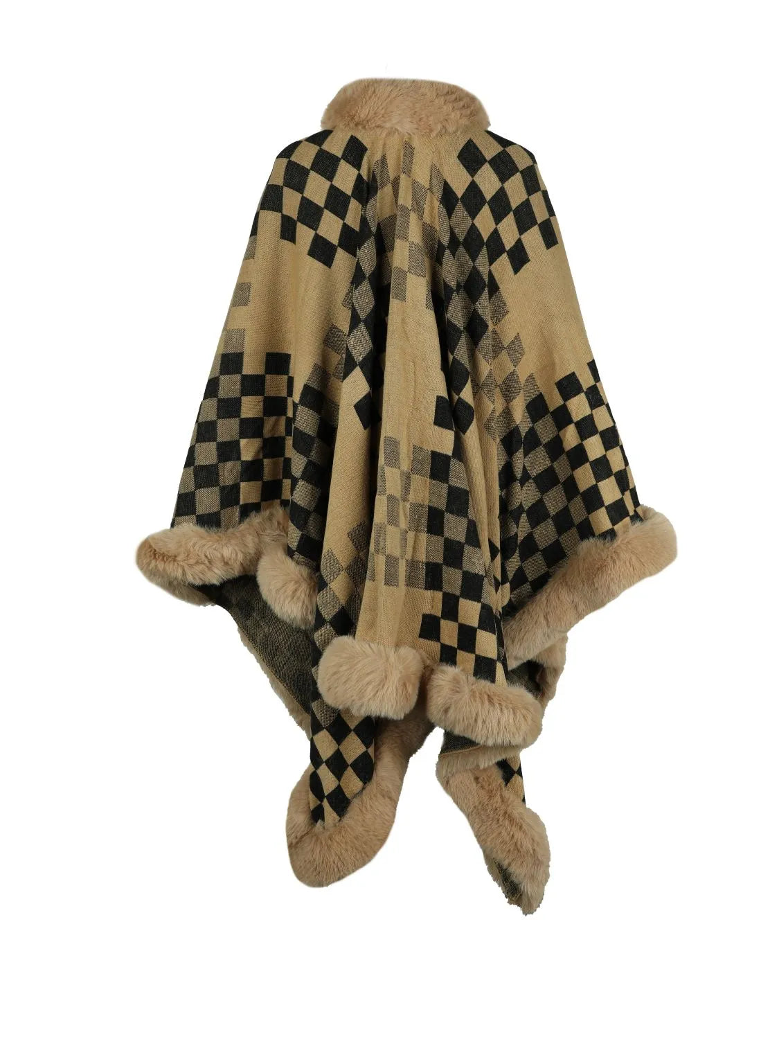 Checkered Faux Fur Trim Poncho - Wellen Fashion