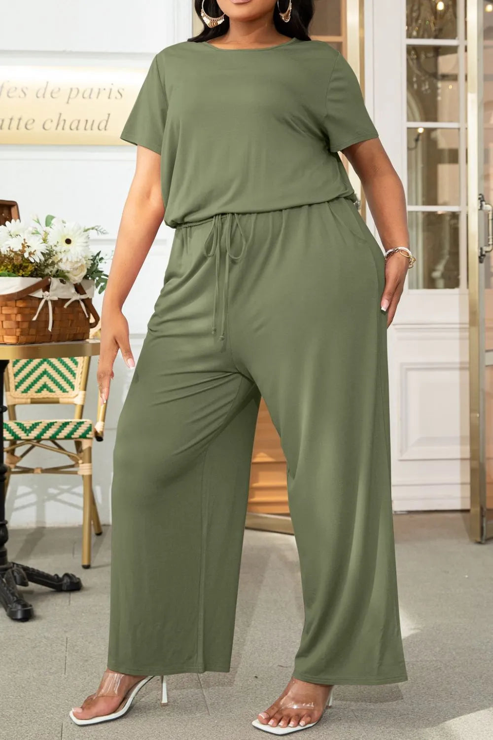 Plus Size Drawstring Waist Short Sleeve Jumpsuit - Wellen Fashion