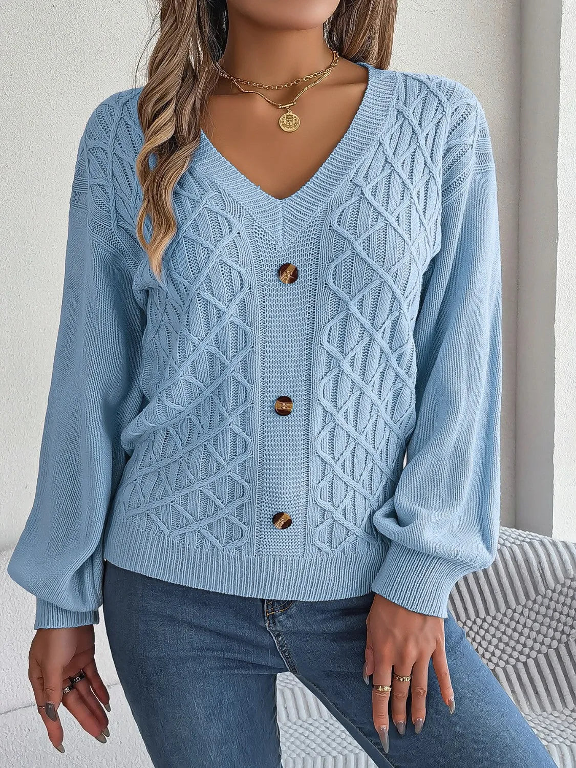 Cable-Knit V-Neck Lantern Sleeve Sweater - Wellen Fashion