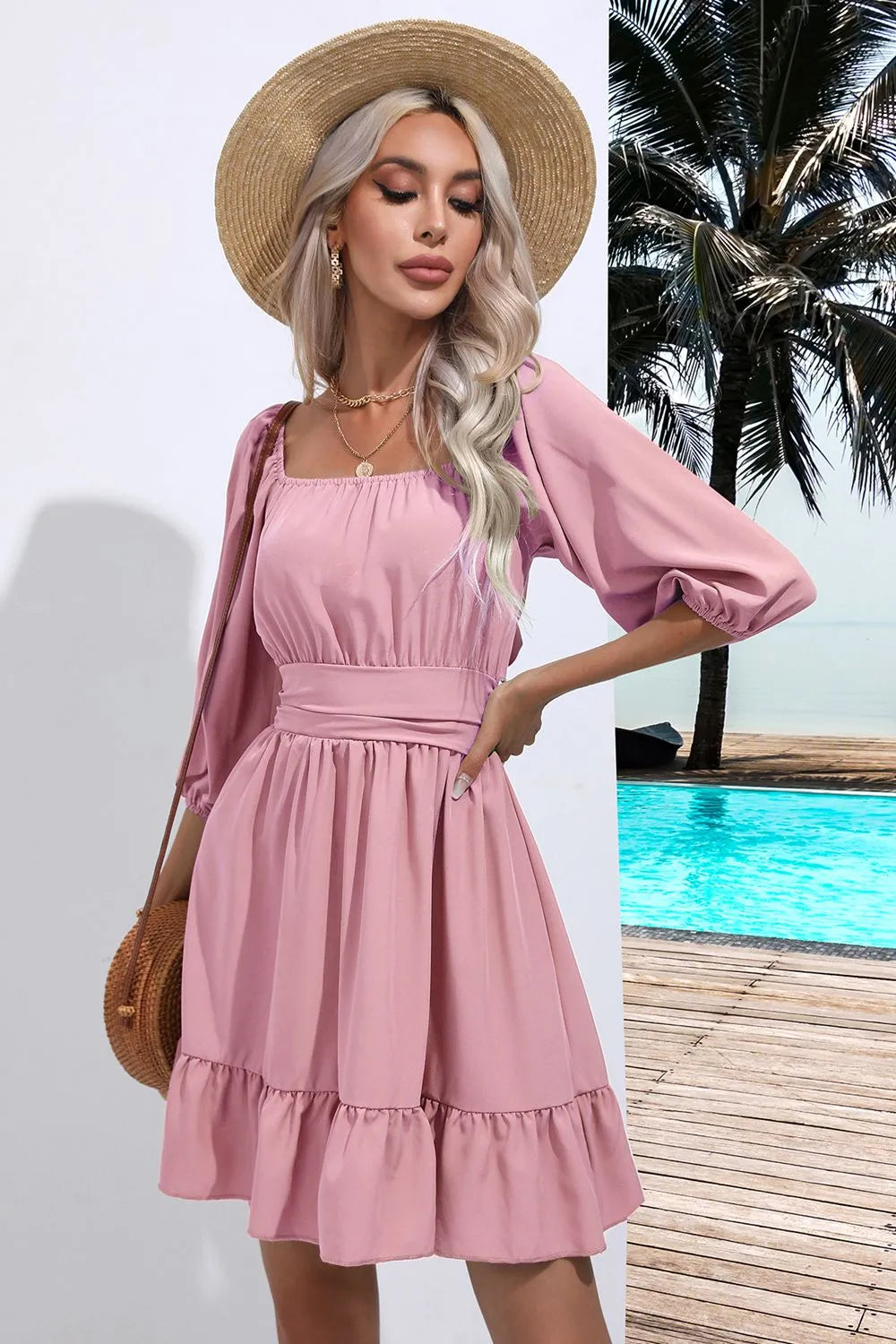 Square Neck Tie Back Ruffle Hem Dress - Wellen Fashion