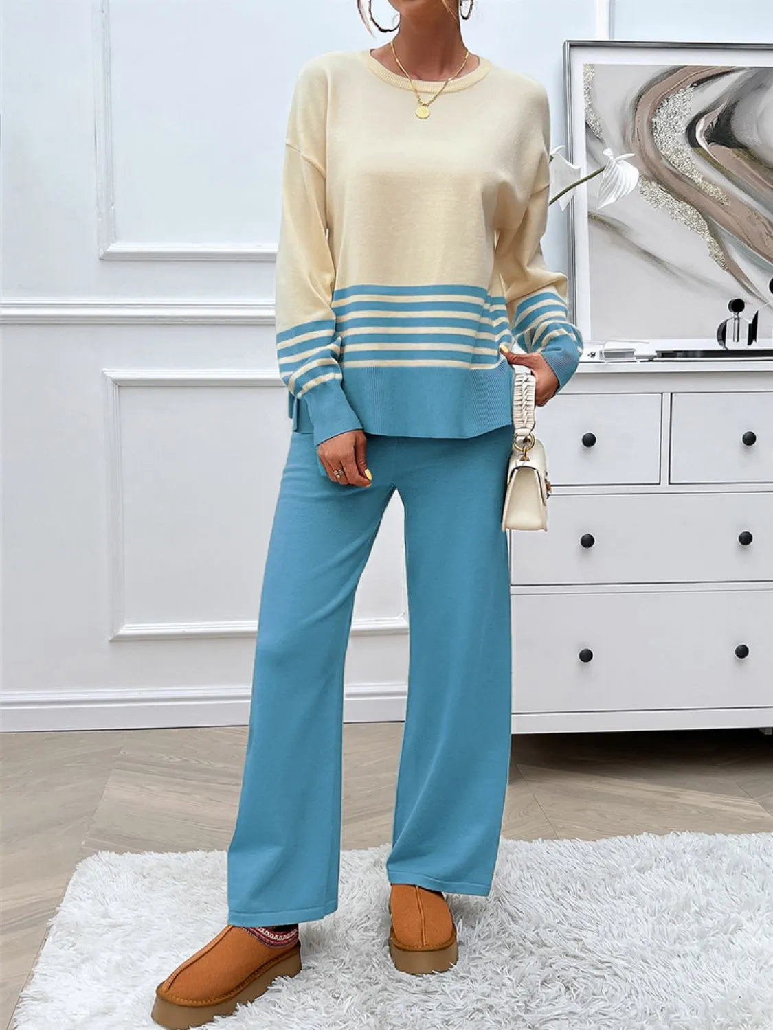 Devine Slit Striped Round Neck Top and Pants Sweater Set - Wellen Fashion