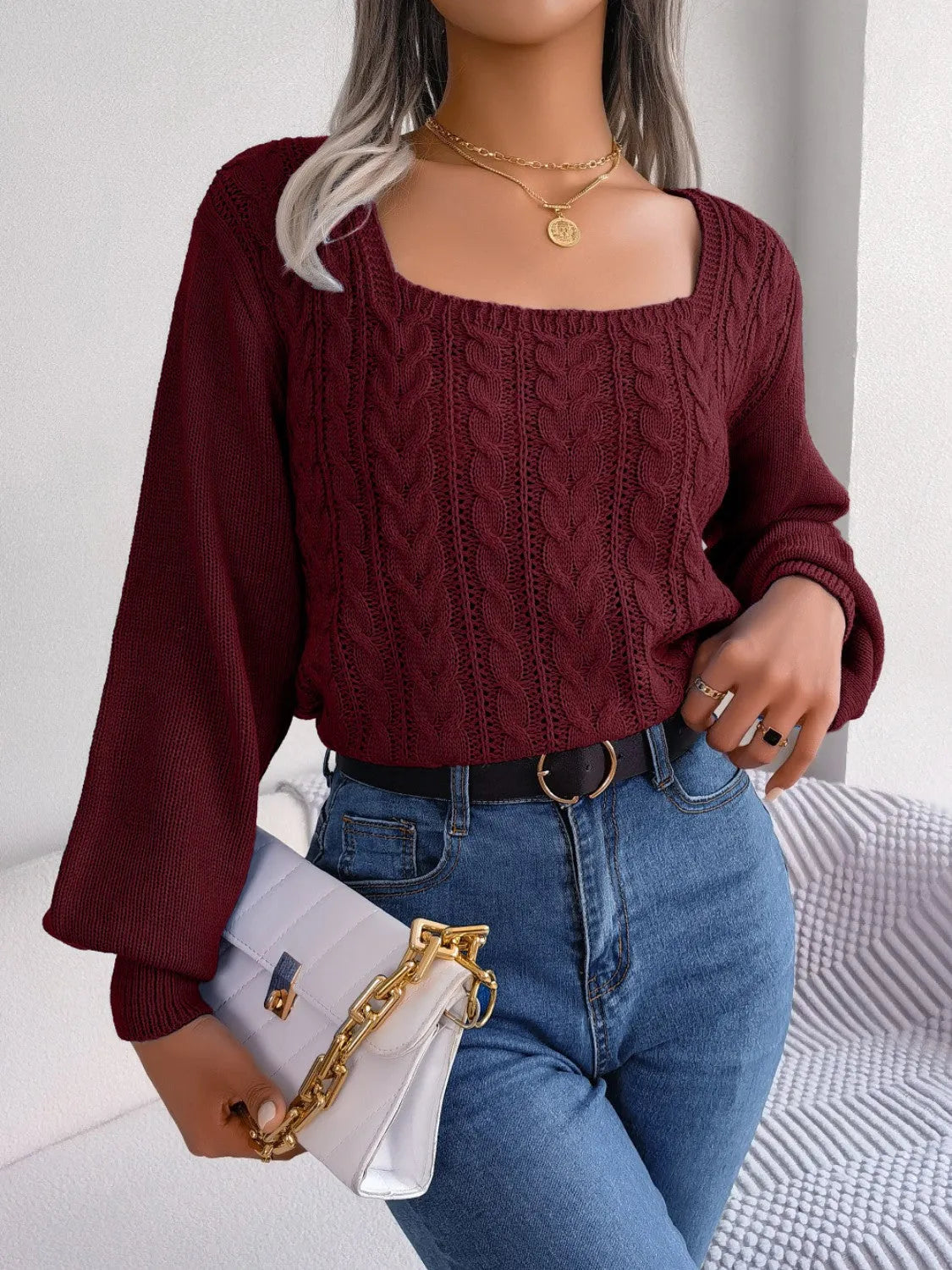 Cable-Knit Square Neck Long Sleeve Sweater - Wellen Fashion