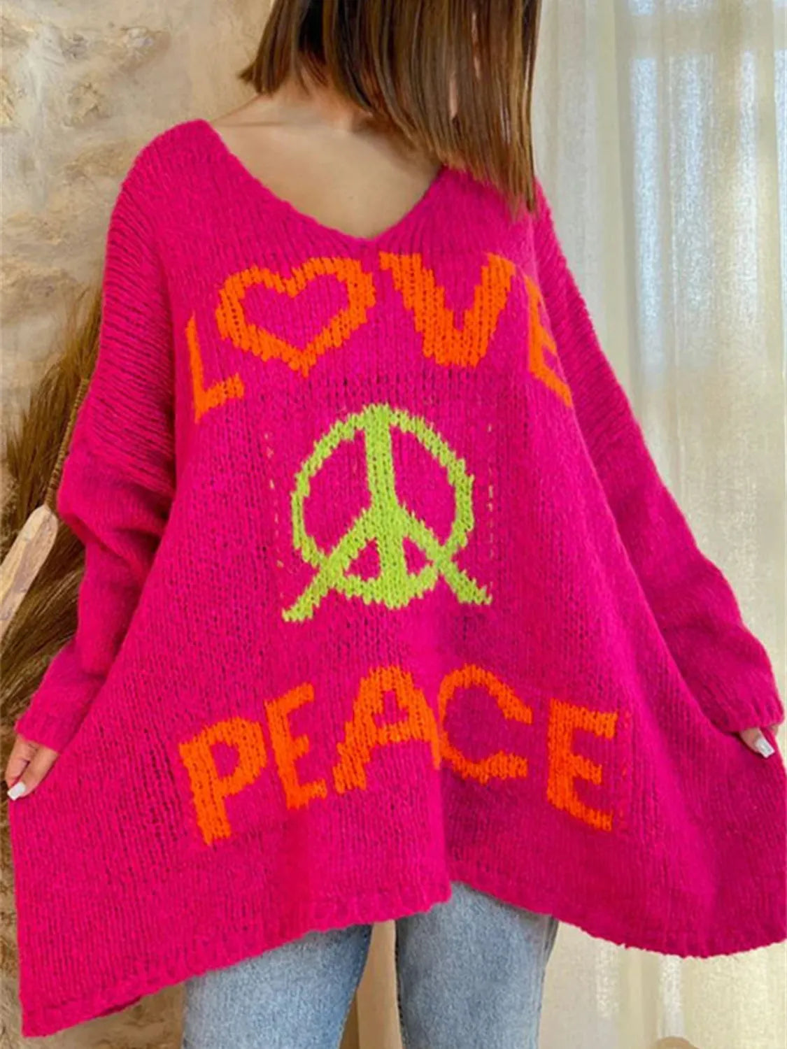 Peace Graphic V-Neck Long Sleeve Sweater - Wellen Fashion