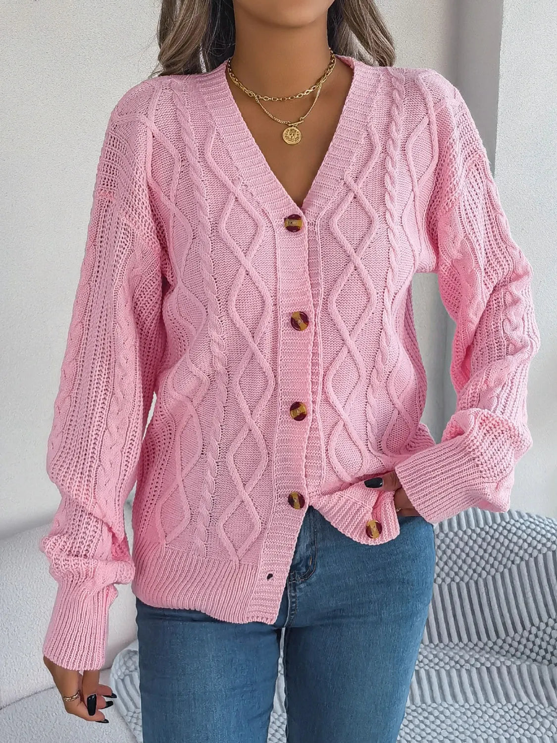 Cable-Knit Long Sleeve Cardigan - Wellen Fashion