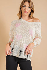 Kori America Heart Pattern Distressed Sweater - Wellen Fashion