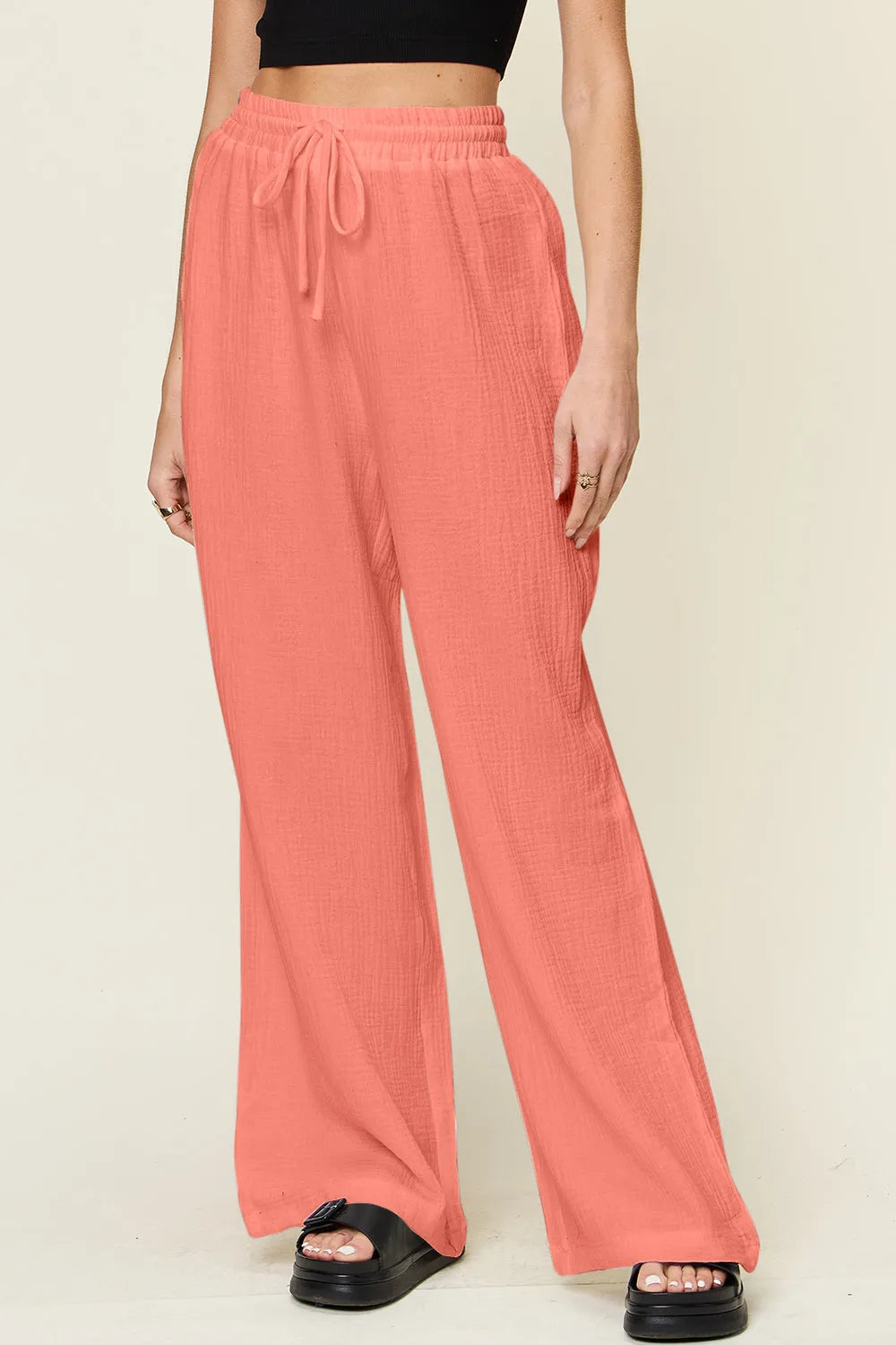 Double Take Full Size Texture Drawstring Wide Leg Pants - Wellen Fashion