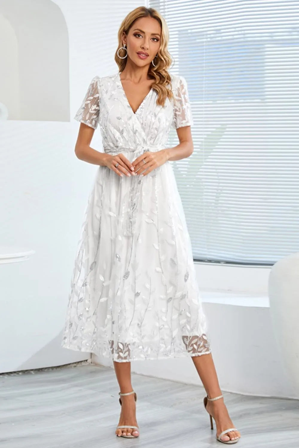 Sequin Leaf Embroidery Tie Front Short Sleeve Dress - Wellen Fashion