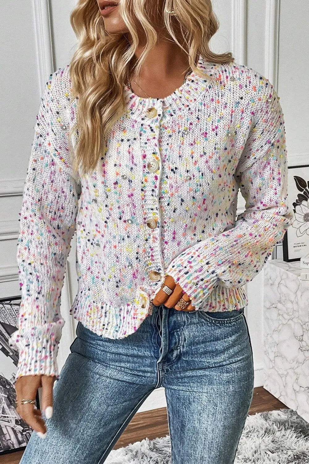 Confetti Button Up Long Sleeve Cardigan - Wellen Fashion