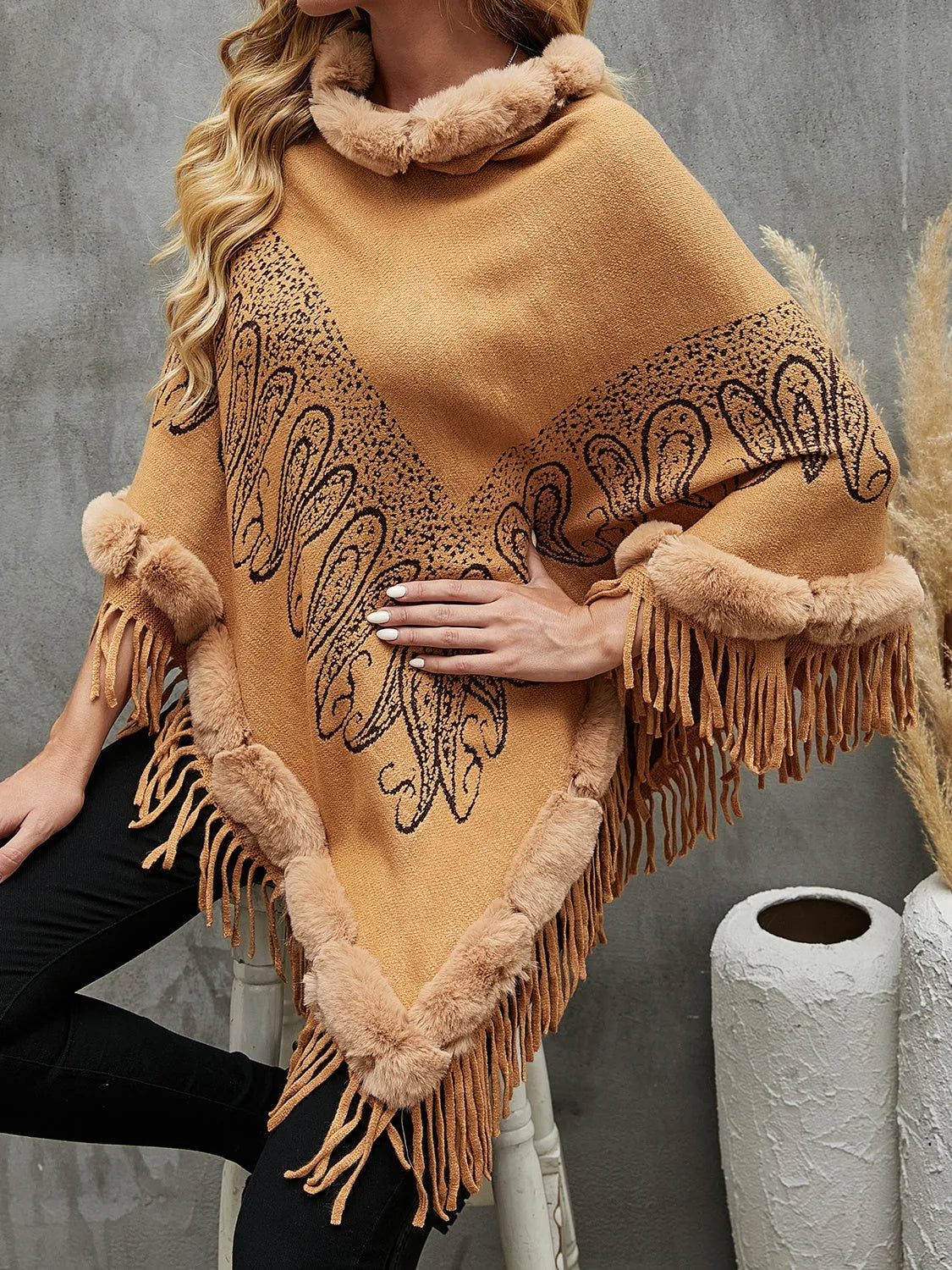 Graphic Fringe Cape Sleeve Poncho - Wellen Fashion