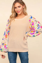 Haptics Floral Sequins Mesh Flounce Sleeve Sweater - Wellen Fashion