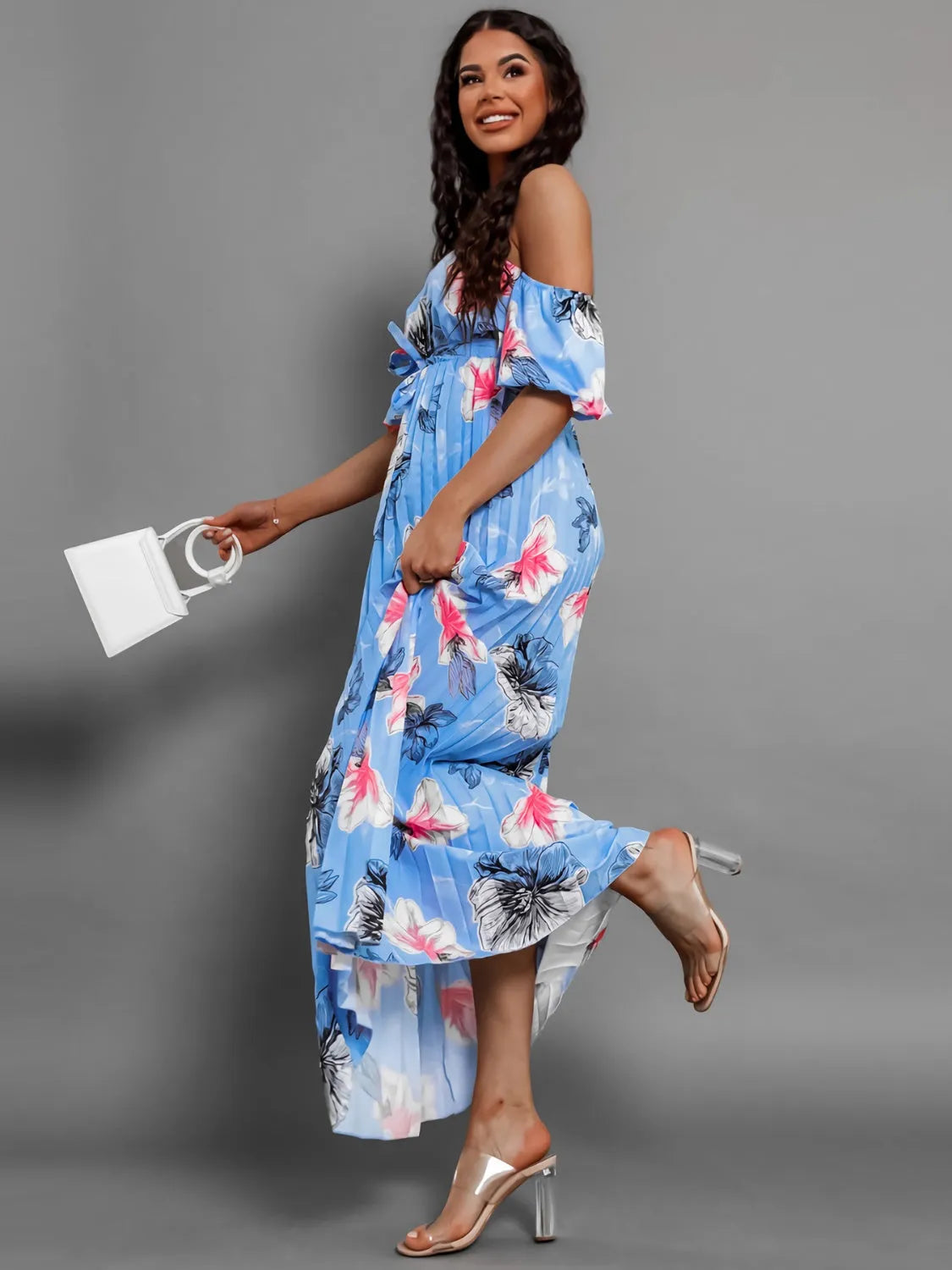 Pleated Floral Off-Shoulder Short Sleeve Midi Dress - Wellen Fashion