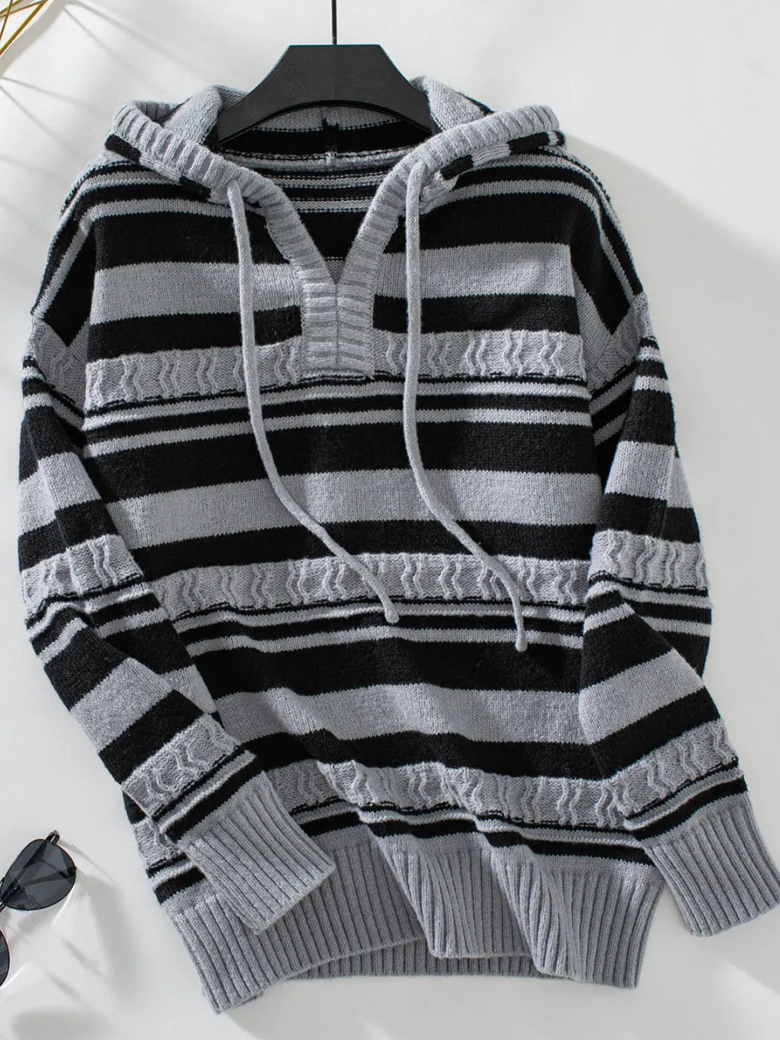 Drawstring Striped Long Sleeve Hooded Sweater - Wellen Fashion