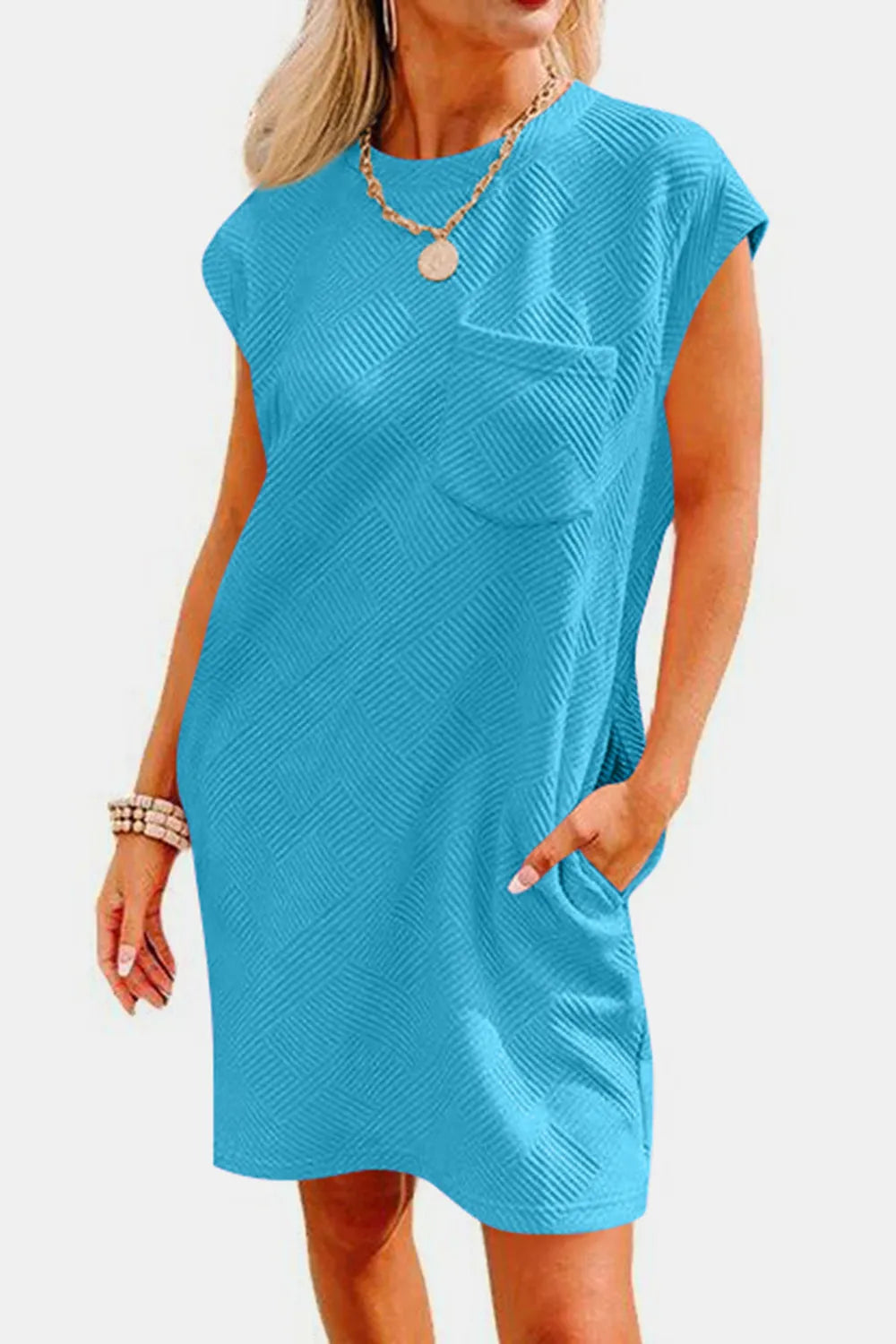 Textured Round Neck Cap Sleeve Dress - Wellen Fashion