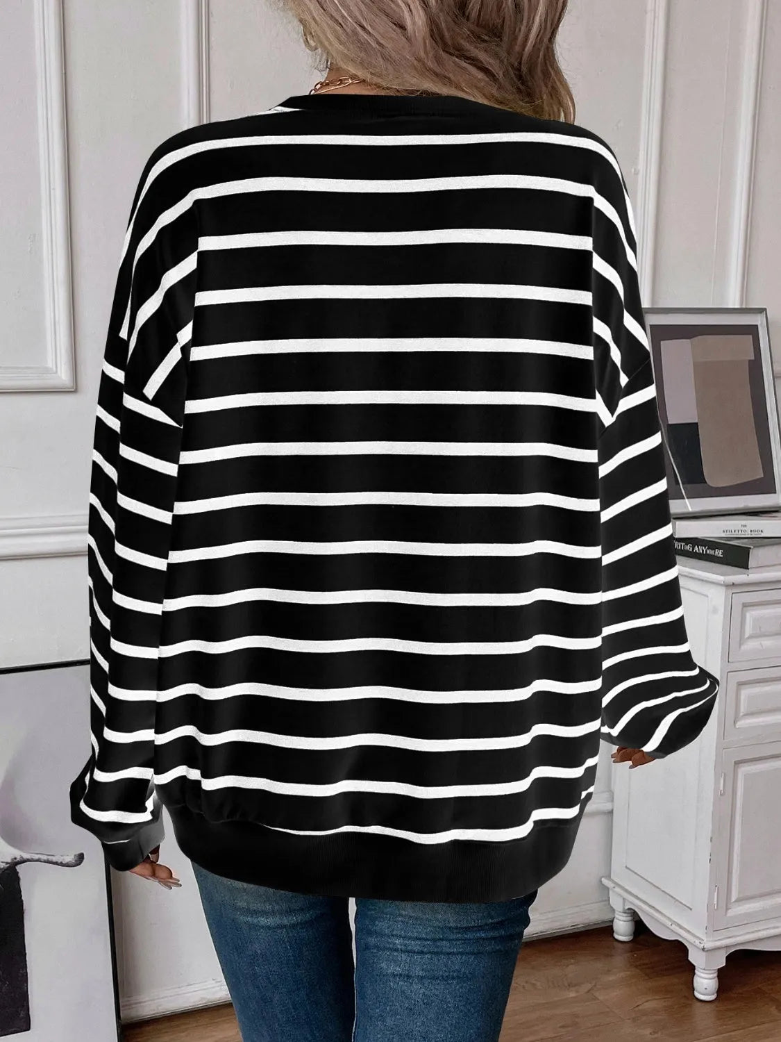 Lovelet Striped Round Neck Long Sleeve Sweatshirt - Wellen Fashion