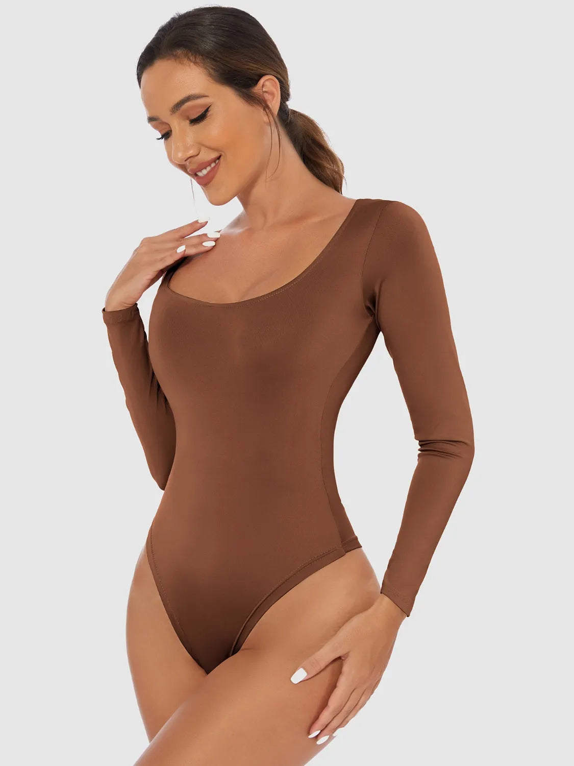 Full Size Scoop Neck Long Sleeve Bodysuit - Wellen Fashion