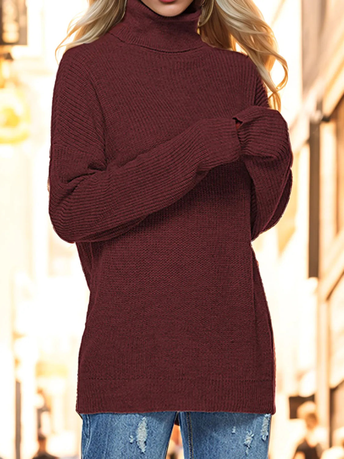 Turtleneck Drop Shoulder Long Sleeve Sweater - Wellen Fashion