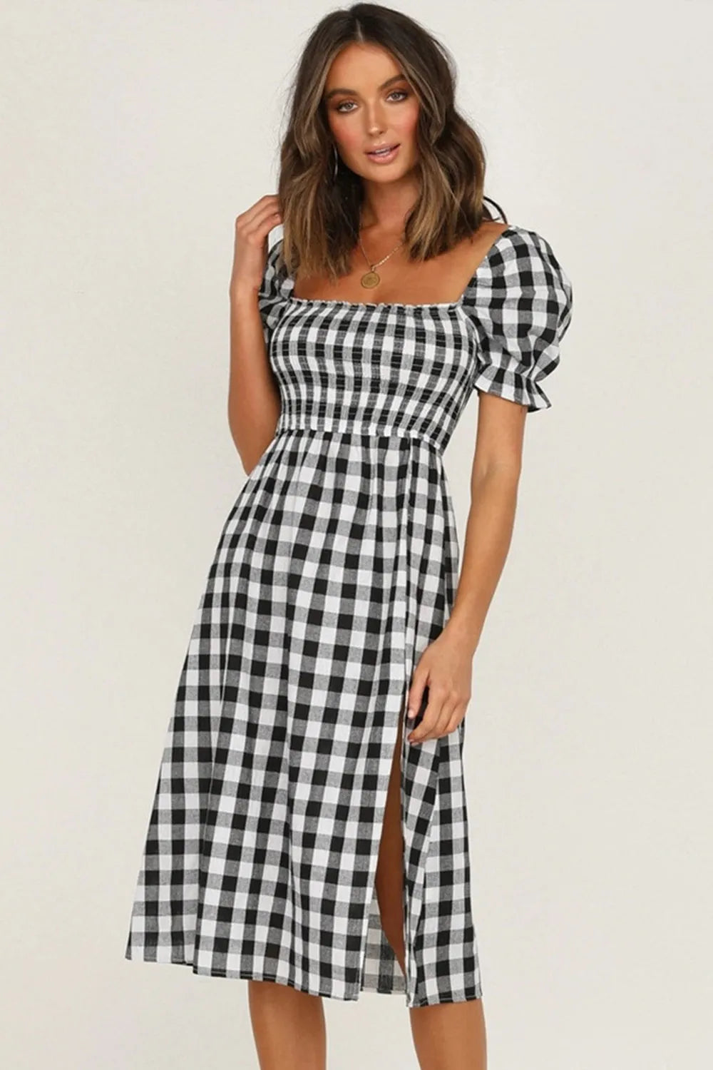 Full Size Slit Plaid Short Sleeve Midi Dress - Wellen Fashion