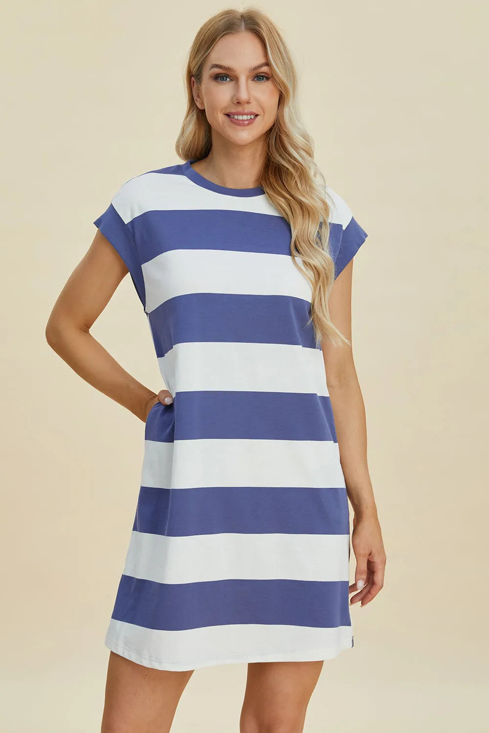 Basic Bae Full Size Striped Round Neck Cap Sleeve Mini Dress - Wellen Fashion