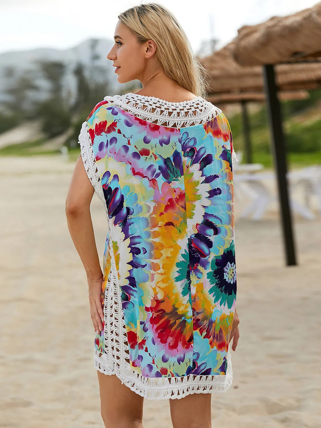 Openwork Printed Round Neck Cover Up - Wellen Fashion