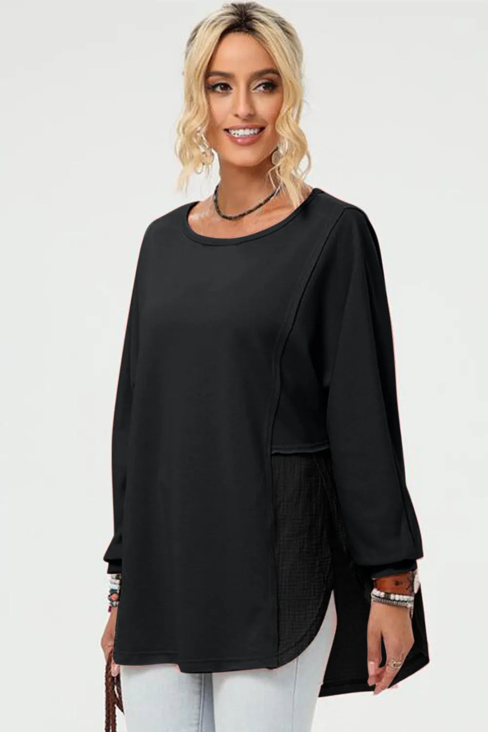 Double Take Full Size Long Sleeve High-Low T-Shirt - Wellen Fashion